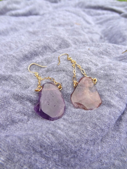 Purple Agate Dangling Earrings. 14kt Gold Chain. Handmade. Unique. Statement Piece. Amethyst. Semi Precious.